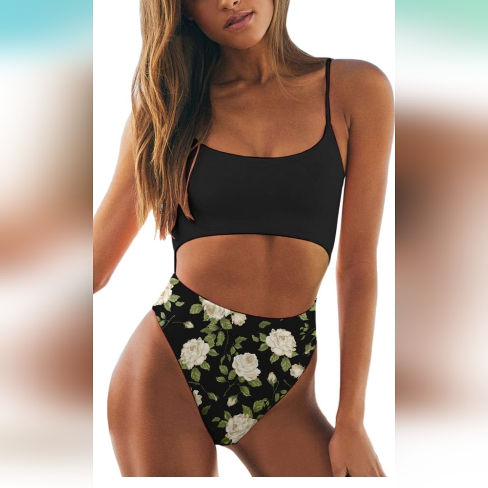 Black Floral Cutout Swimsuit
